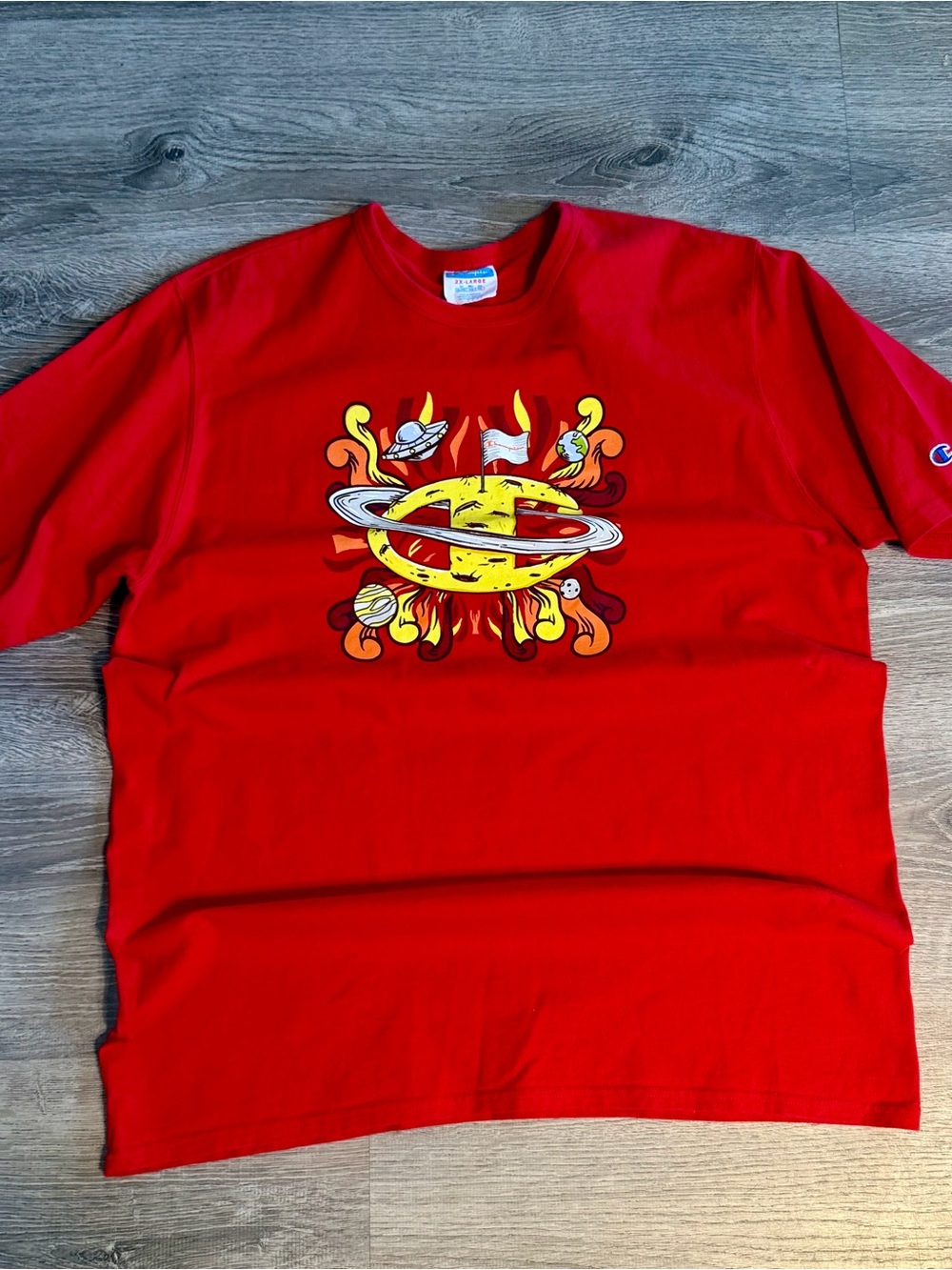 Champion 90’s Vintage Planet C Around the world Blue Bar‎ Tag Red T-shirt 2XL